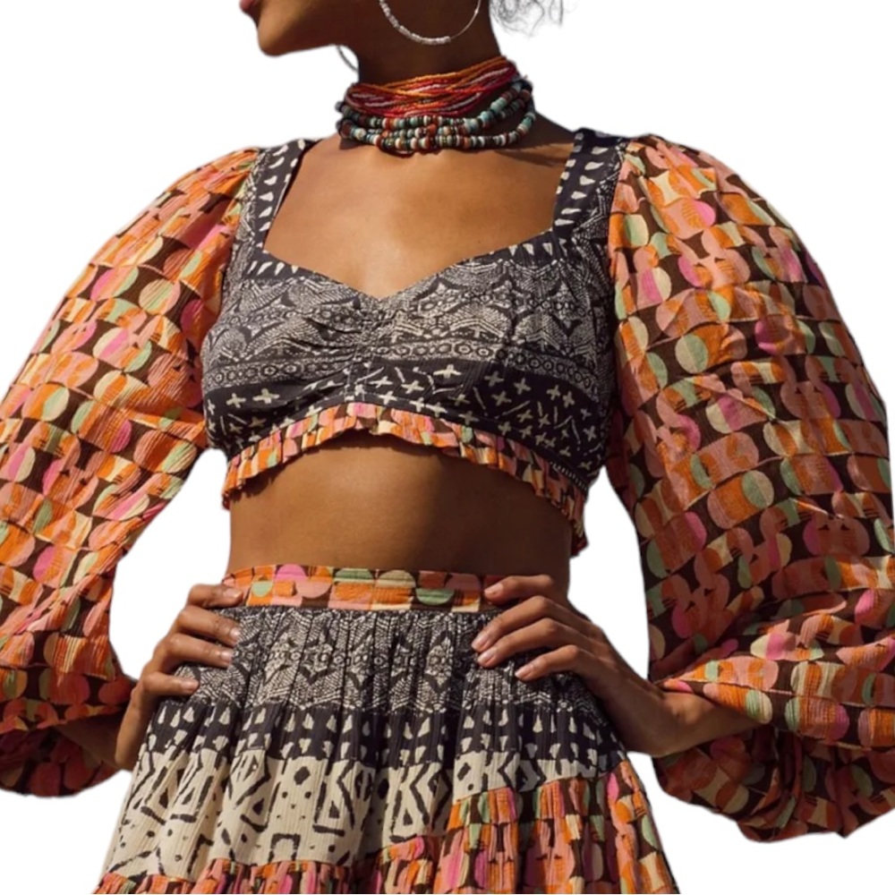 New Free People Naomi Sm Black Orange Midriff Puff Sleeve Mixed Print Crop Top